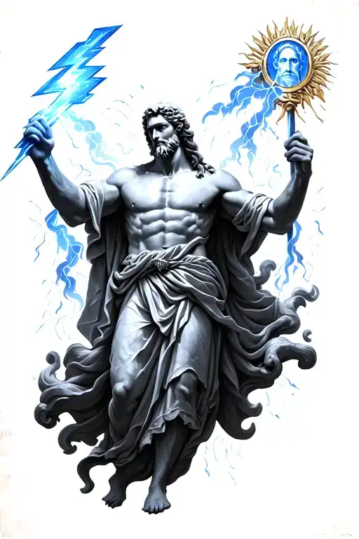 Zeus holding a lightning bolt, very powerful looking with his ideals and symbols surrounding him, family orientated tattoo design idea