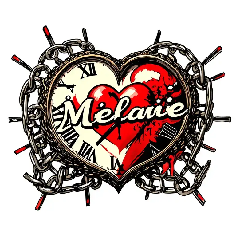 "Mélanie" clock Coeur chain tattoo design idea