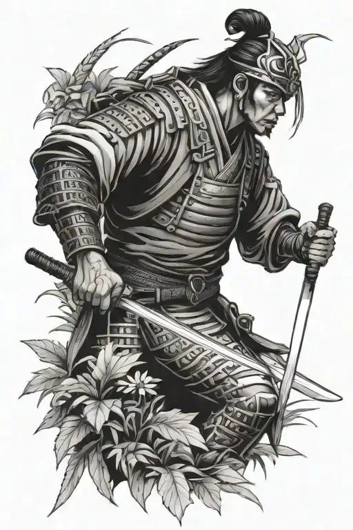 A neotraditional tattoo of a samurai warrior in armor wielding a samurai sword in a jungle at a couching tiger tattoo design idea