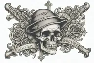 colonial style skull with the words "salva nos ab igne inferni" underneath with a gothic cross tattoo design idea