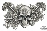 colonial style skull with the words "salva nos ab igne inferni" underneath with a gothic cross tattoo design idea