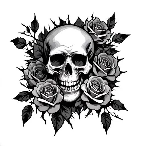 skull tattoo surrounded by roses with thorns with shadows surrounding tattoo design idea
