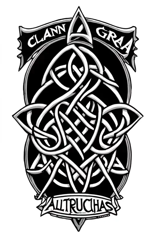 "CLANN GRA ALTRUCHAS" Celtic Trinity not with the words below all intertwined all black ink with detailed linework CLANN, GRA, ALTRUCHAS tattoo design idea