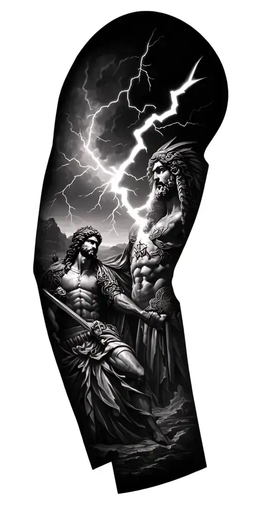 full sleeve greek, gap filled with lighting bolt, sky, include greek réalisme god in armor tattoo design idea