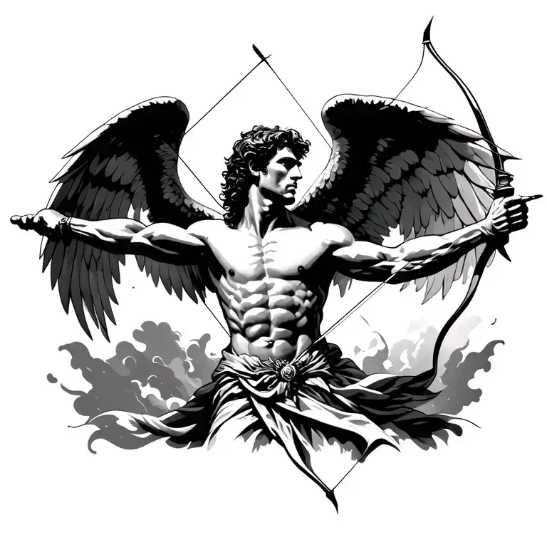 realistic male angel tattoo shooting a bow and arrow for your upper right pec tattoo design idea
