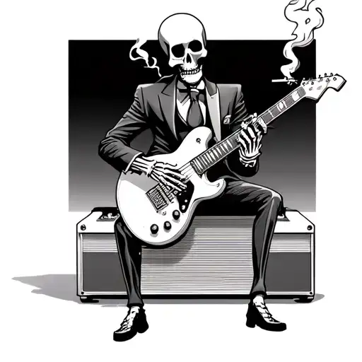 a skeleton playing electric guitar sitting on a amplifier smoking a cigarette wearing a suit and tie tattoo design idea