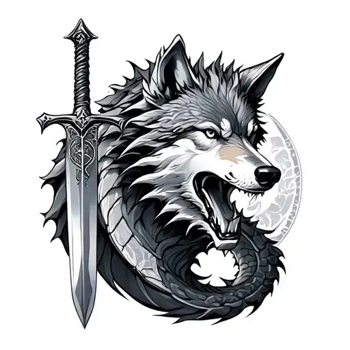 wolf and dragon, snow and sword tattoo tattoo design idea