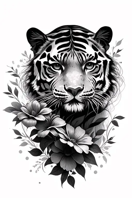 woman face, tiger walking, flowers tattoo design idea