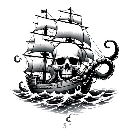skull octopus sinking pirate ship sailing through stormy tattoo design idea