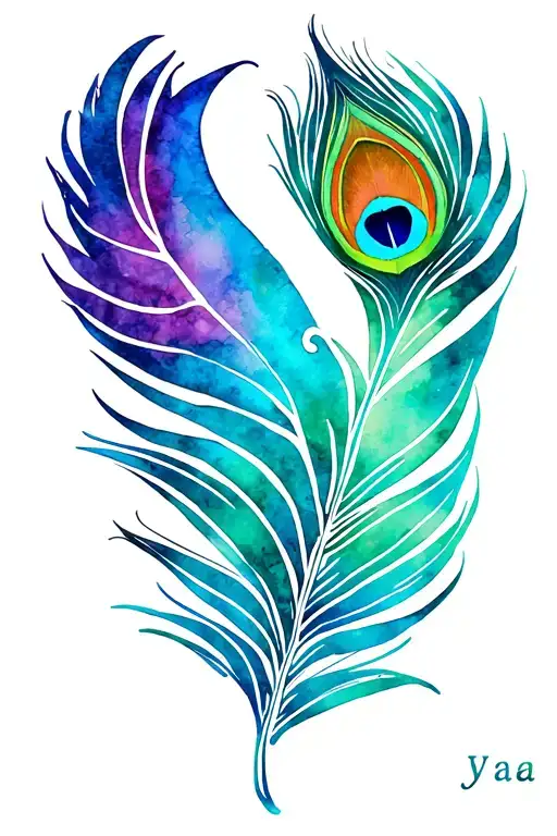 God ganesh side view simple fine line ,hidden  Y and A letters with single peacock feather with colors image create tattoo design idea