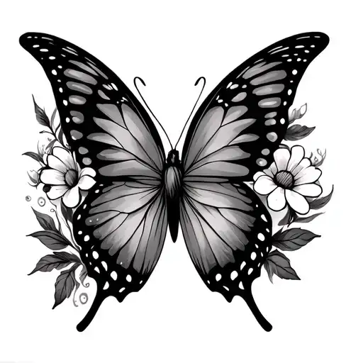 black And grey, American traditional butterfly with flower pedals in the wings tattoo design idea