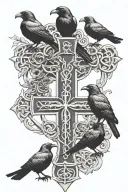 crow family crest with 2 large crows and 4 small crows with celtic cross tattoo design idea