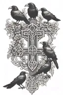 crow family crest with 2 large crows and 4 small crows with celtic cross tattoo design idea