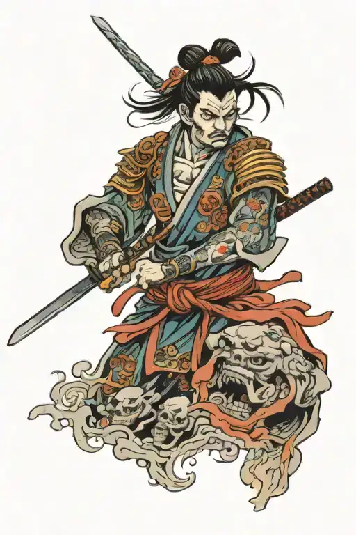samurai against the backdrop of corpses tattoo design idea