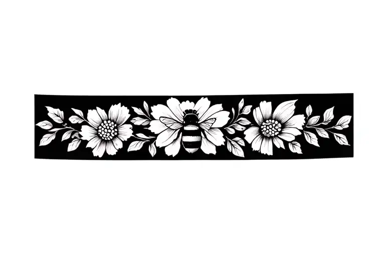 floral armband featuring bumble bee tattoo design idea