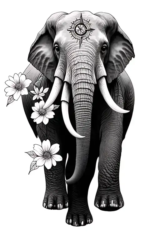 elephants flowers compass tattoo design idea
