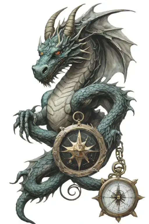 dragon with time compass intertwined tattoo design idea