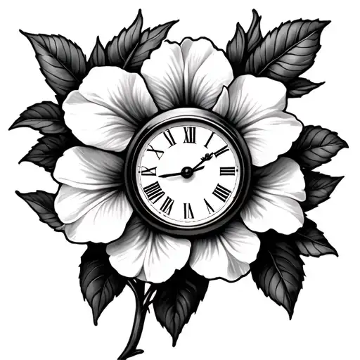 azalea flower with a clock inside timed 5:58 tattoo design idea