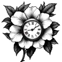 azalea flower with a clock inside timed 5:58 tattoo design idea