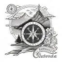 A tattoo design featuring a mountain landscape representing Colorado and a beach scene representing California, with a compass pointing towards Nova Scotia, incorporating elements of fatherhood and the birthdate March 30th, 2005 tattoo design idea