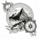 A tattoo design featuring a mountain landscape representing Colorado and a beach scene representing California, with a compass pointing towards Nova Scotia, incorporating elements of fatherhood and the birthdate March 30th, 2005 tattoo design idea