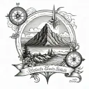 A tattoo design featuring a mountain landscape representing Colorado and a beach scene representing California, with a compass pointing towards Nova Scotia, incorporating elements of fatherhood and the birthdate March 30th, 2005 tattoo design idea