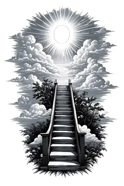 stairway leading to heaven with clouds and sun rays tattoo design idea