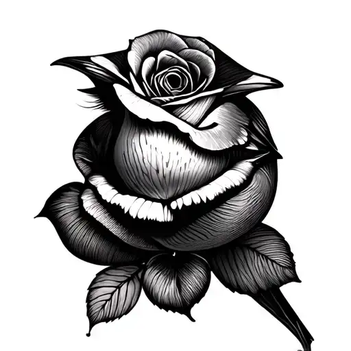 robin, rose, butterfly, lips like kissed, geo patterns in dotwork tattoo design idea