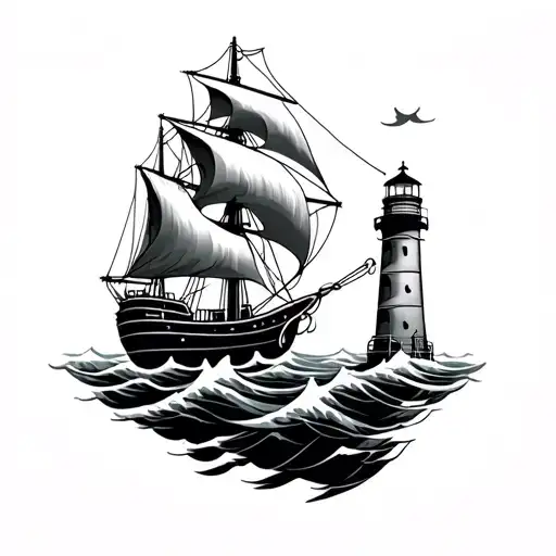 modern sailboat, anchor, ropes,lighthouse ,waves tattoo design idea