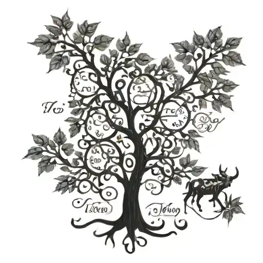 Family tree with zodiac symbols for Taurus, Libra, Virgo, and Capricorn as leaves tattoo design idea