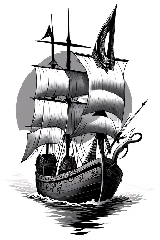 A fusion of Egyptian and Viking symbolism, featuring Anubis and a Viking ship sailing on the Nile River tattoo design idea