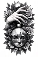 da vinci type face with fingers touching and a disco ball with leaves and roses tattoo design idea