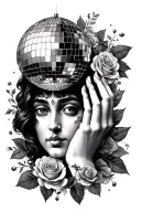 da vinci type face with fingers touching and a disco ball with leaves and roses tattoo design idea