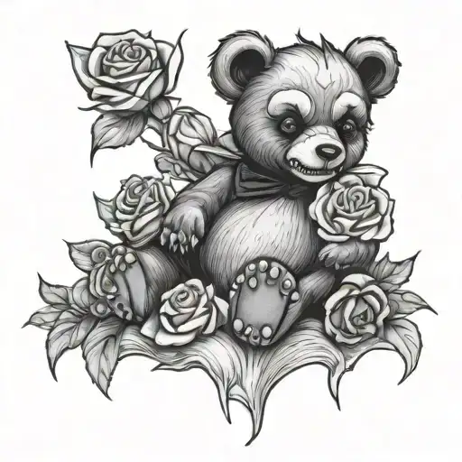 vampire tooth teddy bear sitting roses tattoo design idea