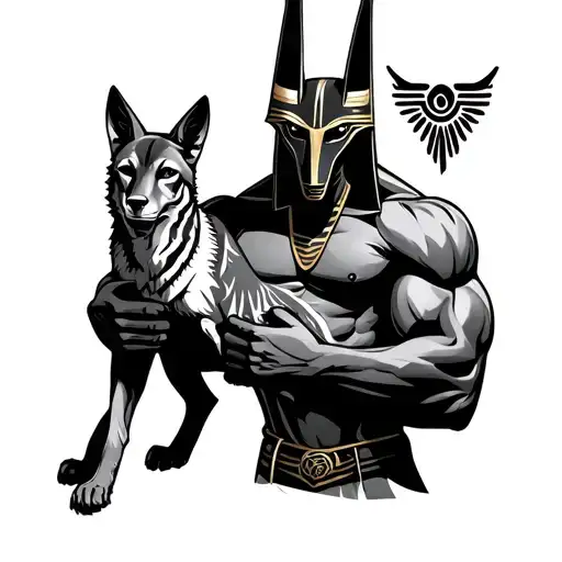 Anubis with big muscles holding a jackal  tattoo design idea