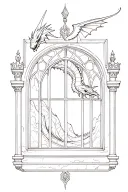 castle window and dragon flying tattoo design idea