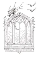 castle window and dragon flying tattoo design idea