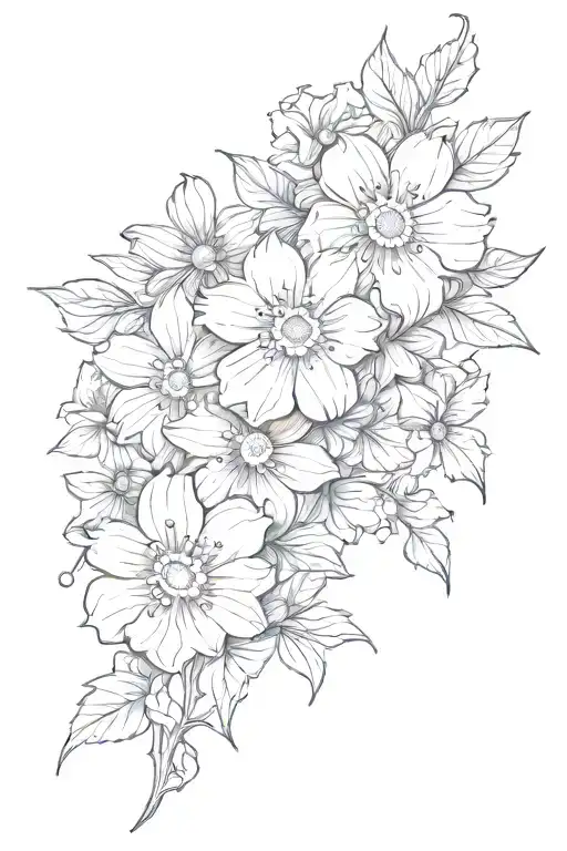 cosmo flowers in the top left and bottom right of the back with “flowers need time to bloom” in arabic down the spine tattoo design idea