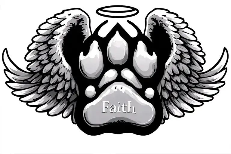 pit bull paw print with a Halo and wings with the name faith on one side of the wings Big on the other SIDE OF THE WINGS tattoo design idea