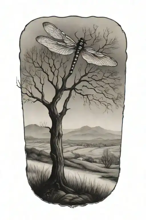 bare tree on hill small dragonfly tattoo design idea