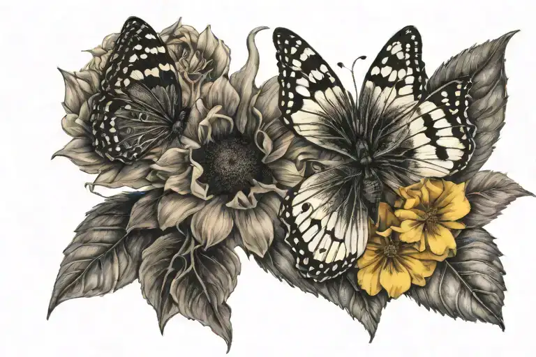 sunflower, pansy, carnation, butterfly resting tattoo design idea