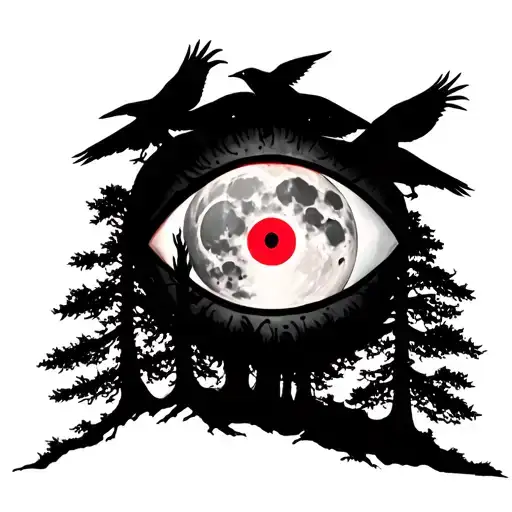 Sharingan in moon (out of focus) with crows, trees below tattoo design idea