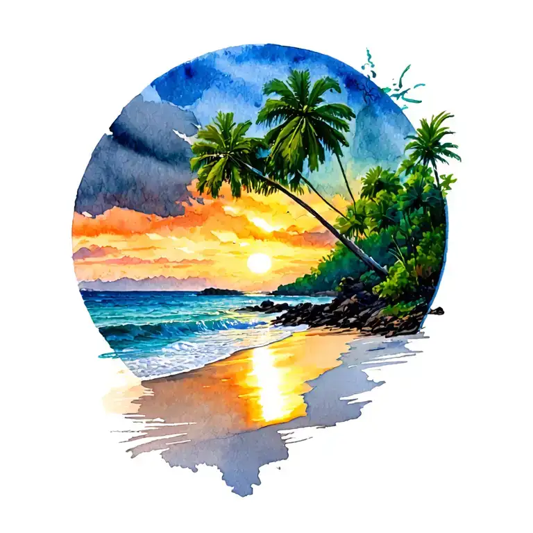 gold coast of costa rica late sunset beach with guanacaste tree in foreground tattoo design idea
