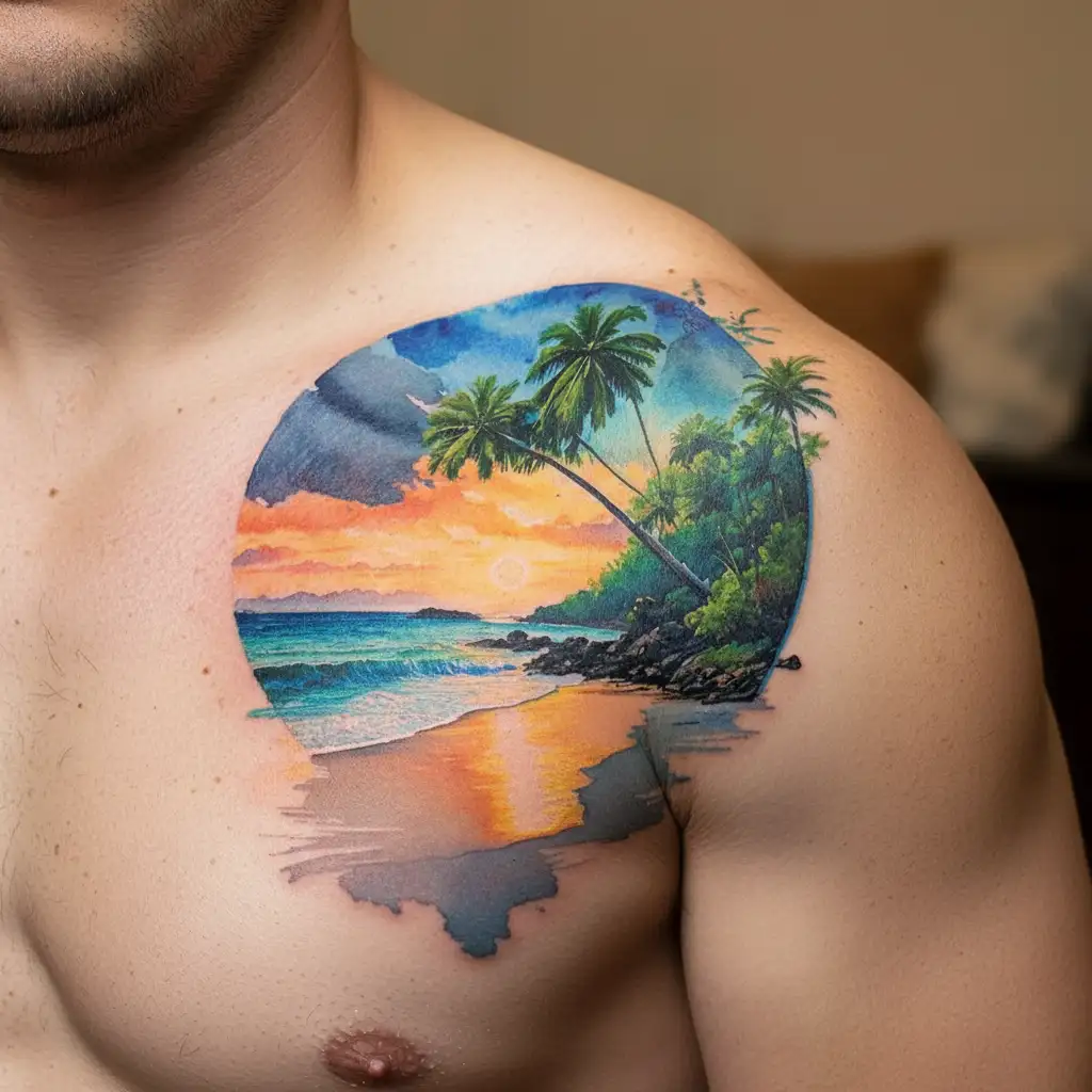 gold coast of costa rica late sunset beach with guanacaste tree in foreground tattoo design idea