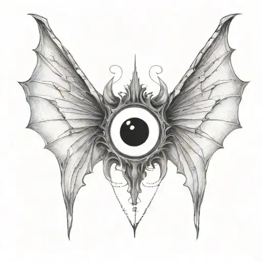 seraphim, 6 large bat wings, large demon eye in the centre, gothic tattoo design idea