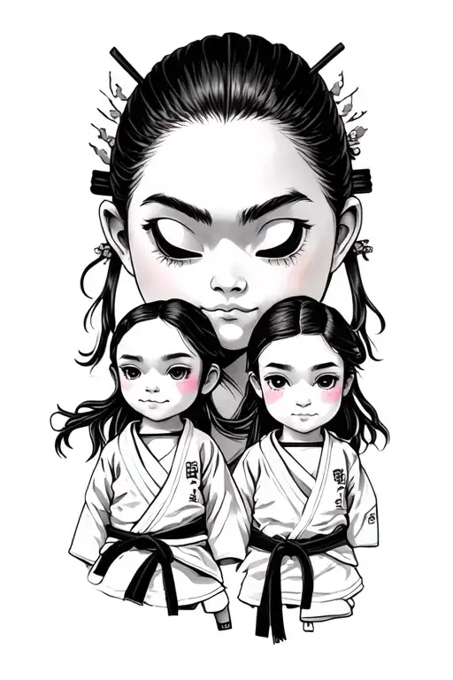 samurai warrior, jiu jitsu black belt, two daughters tattoo design idea