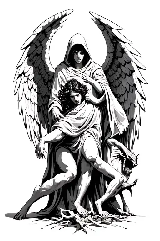 hooded arch angel defeating a demon tattoo design idea