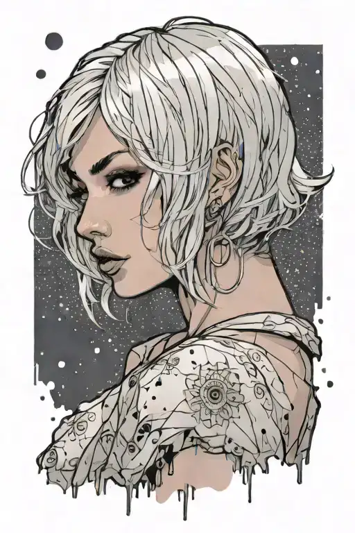 Sexy girl, Huge boobs, cleavage, petite, pure white eyes, torn clothing, short white bob hairstyle, waist up view  tattoo design idea