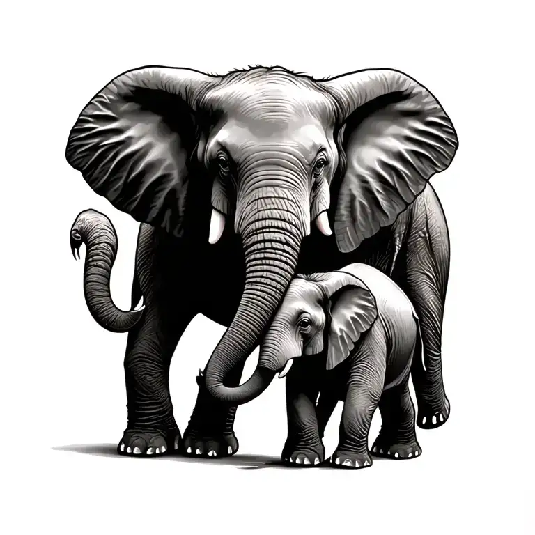 Mom and baby elephant walking with baby holding mom's tail tattoo design idea