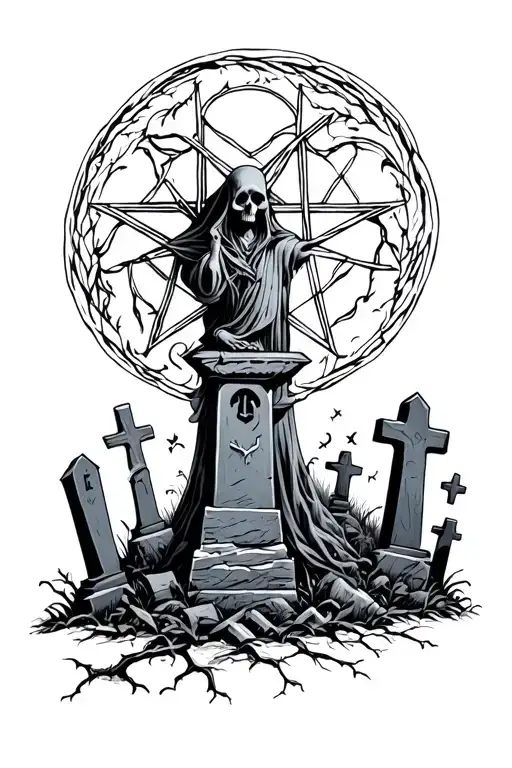 pentagram graveyard scene tattoo design idea
